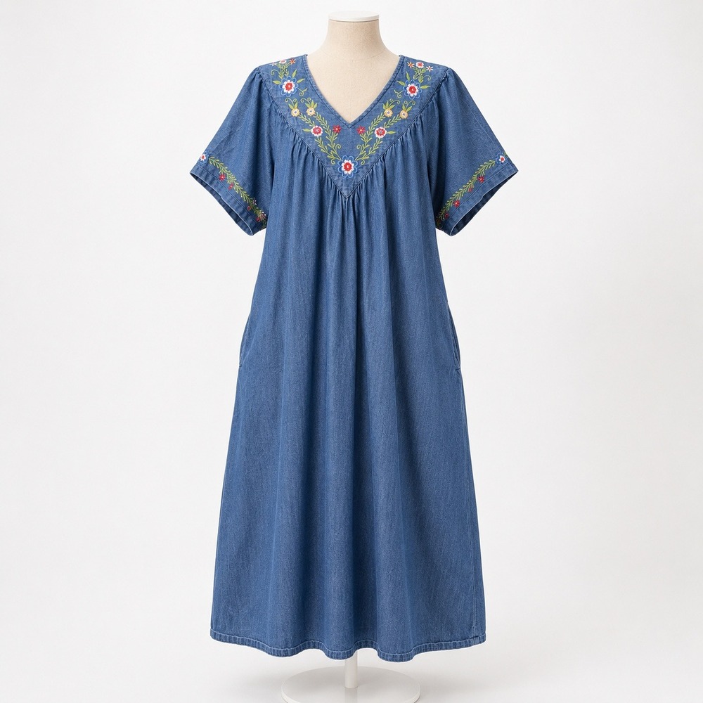 Vermont Country Store Floral Embroidered Denim House Dress L Muumuu Cottagecore
